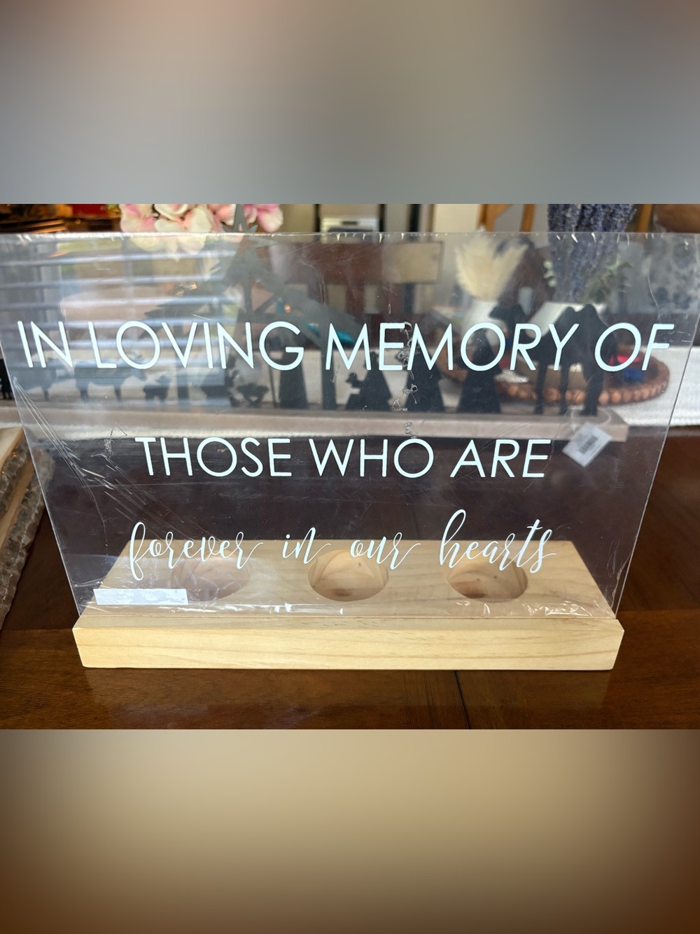 Acrylic Memorial Sign with Wood Base - Clear with White Lettering
